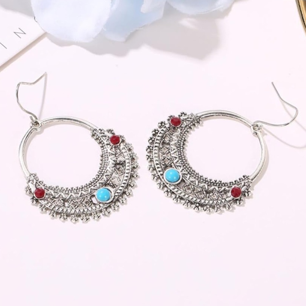 5/$15 🩷 MUST BUNDLE Boho Silver Hoop Earrings with Turquoise and Coral Accents